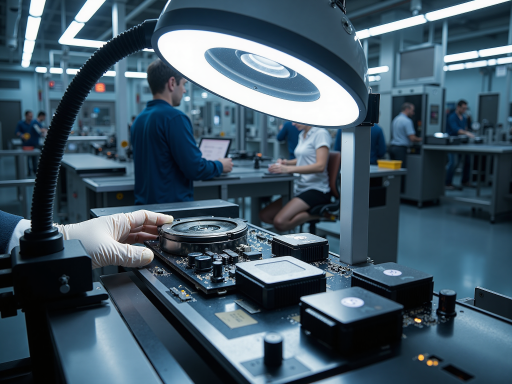Modern manufacturing facility with advanced LED production equipment and professional staff working on high-tech display components